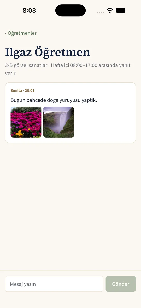 Öğretmen sayfası: sınıf paylaşımı ve fotoğraflar